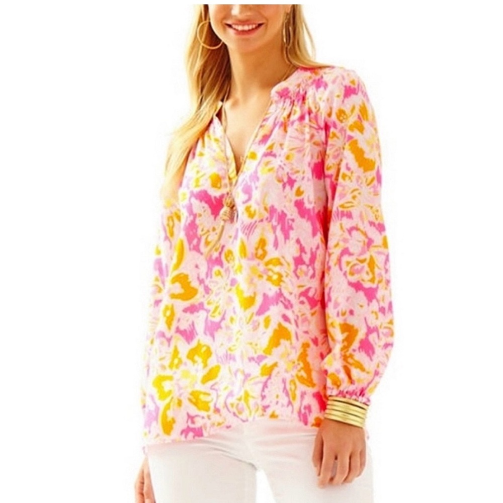 Lilly Pulitzer Elsa Top features a vibrant Kir Royal Pink Ooh La La print